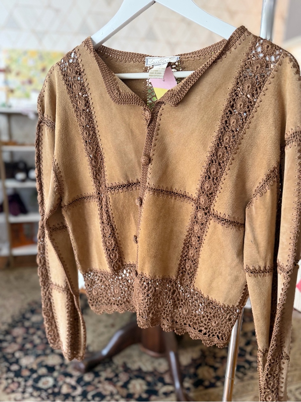Crochet Trim Suede-Look Pullover Jacket - Camel Brown